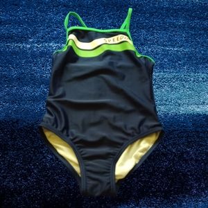 SPEEDO BLUE GREEN AND WHITE GIRL'S ONE PIECE SWIMSUIT SIZE 8